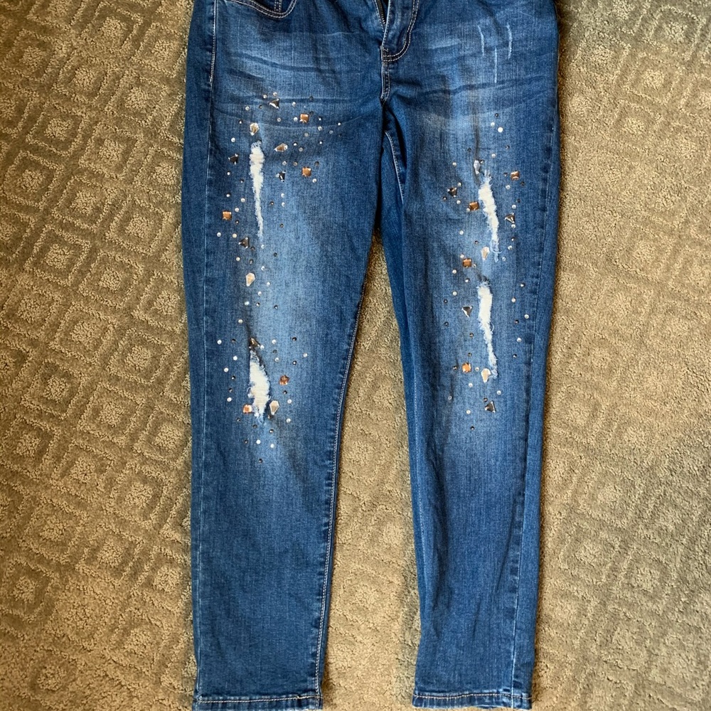 Seven7 distressed ankle skinny jeans embellished sparkle Women’s size 10